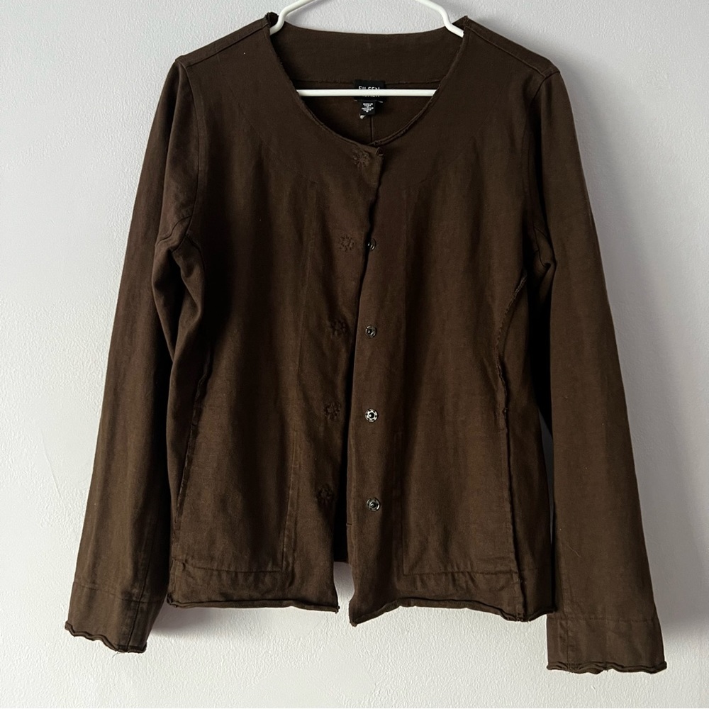 Eileen Fisher Brown Cotton Raw Hem Jacket Small
